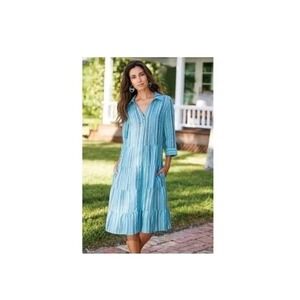 Soft Surroundings Women's Medium Linen Blue Striped Tiered Dress Button Front